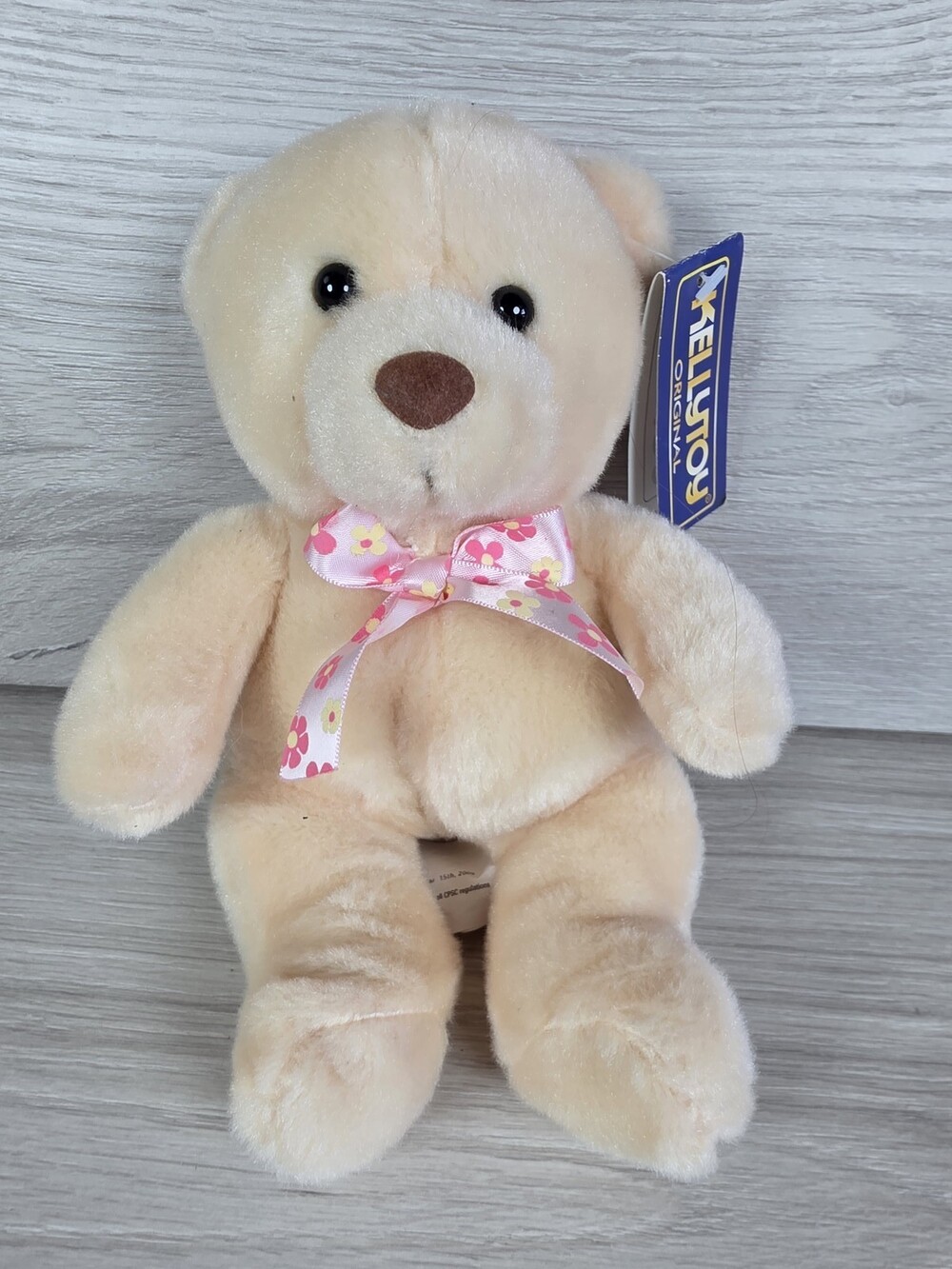 Kellytoy Plush Beige Teddy Bear w Pink Floral Ribbon 8" Original SU53